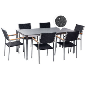 6 Seater Garden Dining Set Black Granite Effect Glass Top with PE Rattan Black Chairs COSOLETO/GROSSETO