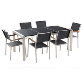 6 Seater Garden Dining Set Black Granite Top with Black Chairs GROSSETO