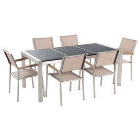 6 Seater Garden Dining Set Black Granite Triple Plate Top with Beige Chairs GROSSETO