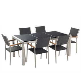 6 Seater Garden Dining Set Black Granite Triple Plate Top with Black Rattan Chairs GROSSETO