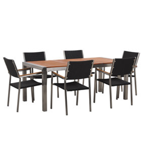 6 Seater Garden Dining Set Eucalyptus Wood Top with Black Rattan Chairs GROSSETO
