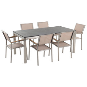 6 Seater Garden Dining Set Flamed Granite Top with Beige Chairs GROSSETO