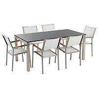 6 Seater Garden Dining Set Flamed Granite Top with White Chairs GROSSETO