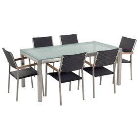 6 Seater Garden Dining Set Glass Table with Black Rattan Chairs GROSSETO