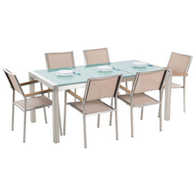 6 Seater Garden Dining Set Triple Plate Cracked Ice Glass Top with Beige Chairs GROSSETO
