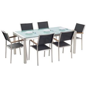 6 Seater Garden Dining Set Triple Plate Cracked Ice Glass Top with Black Chairs GROSSETO