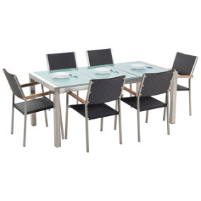 6 Seater Garden Dining Set Triple Plate Cracked Ice Glass Top with Black Rattan Chairs GROSSETO