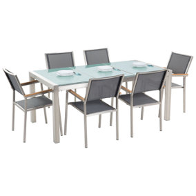 6 Seater Garden Dining Set Triple Plate Cracked Ice Glass Top with Grey Chairs GROSSETO