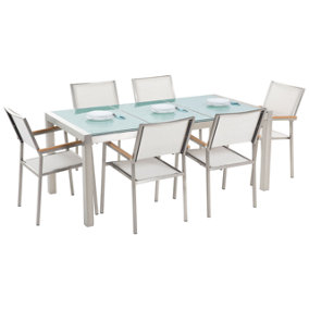 6 Seater Garden Dining Set Triple Plate Cracked Ice Glass Top with White Chairs GROSSETO