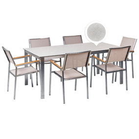 6 Seater Garden Dining Set White Glass Top with Beige Chairs COSOLETO/GROSSETO