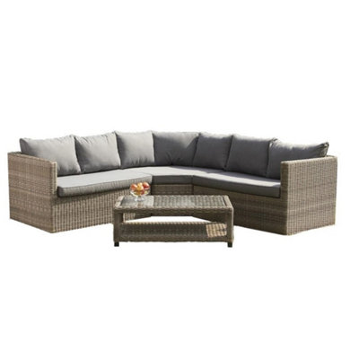 6 Seater Garden Furniture Set - 4 Piece - Deluxe Rattan Corner Lounging Set - 2x Sofa Bench, 1x Corner Seat + Coffee Table