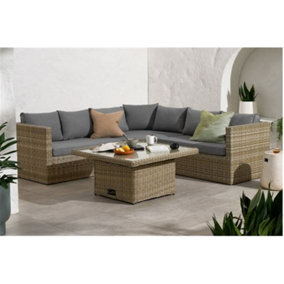 6 Seater Garden Furniture Set - 4 Piece - Deluxe Rattan Corner Lounging Set - Sofa Set + Height Adjustable Table + Cushions