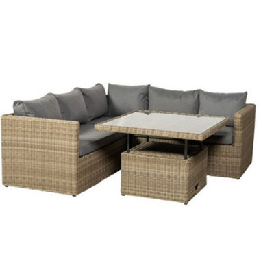 6 Seater Garden Furniture Set - 4 Piece - Deluxe Rattan Corner Lounging Set - Sofa Set + Height Adjustable Table + Cushions