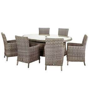 6 Seater Garden Furniture Set - 7 Piece - Deluxe Rattan Elipse Oval Dining Set - 200x145cm Table With 6 Chairs Includes Cushions