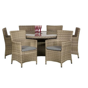 6 Seater Garden Furniture Set - 7 Piece - Deluxe Rattan Round Carver Dining Set - 140cm Table With 6 Chairs Includes Cushions