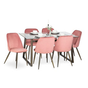 6 Seater Glass Dining Table & 6 Pink Velvet Chairs Set
