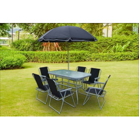 6 Seater Metal Garden Set Outdoor Bistro Dining Table With 6 Folding Chairs In Black With Parasol