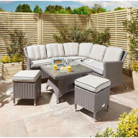 6 Seater Natural Stone Compact Rattan Weave Corner Dining Garden Furniture Set - With Stools