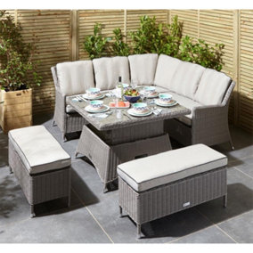 6 Seater Natural Stone Rattan Weave Corner Garden Dining Set - With Benches