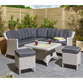 6 Seater Putty Grey Compact Rattan Weave Corner Garden Dining Set - With Stools