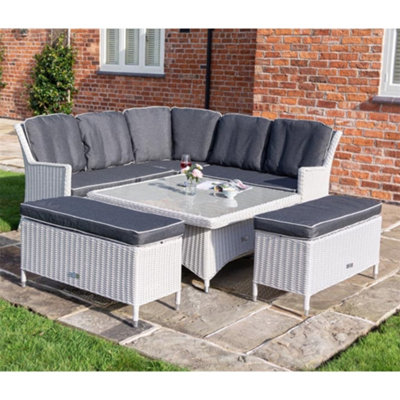 6 Seater Putty Grey Rattan Weave Corner Garden Dining Set - With Benches