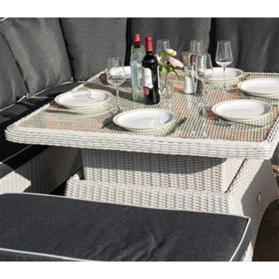 6 Seater Putty Grey Rattan Weave Corner Garden Dining Set - With Benches