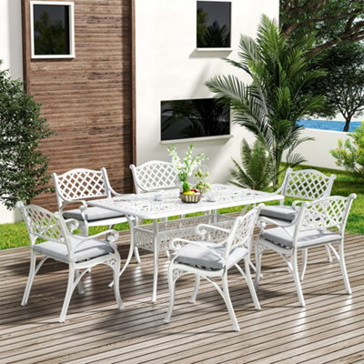 6 Seater Retro Cast Aluminum Garden Bistro Umbrella Table and Chairs Set with Cushions 150 cm