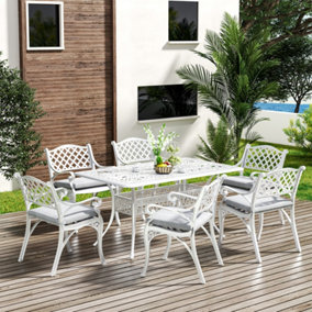 6 Seater Retro Cast Aluminum Garden Bistro Umbrella Table and Chairs Set with Cushions 150 cm