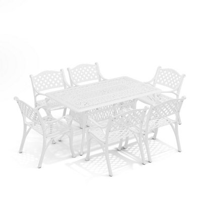 6 Seater Retro Cast Aluminum Garden Bistro Umbrella Table and Chairs Set with Cushions 150 cm