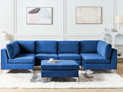 6 Seater U-Shaped Modular Velvet Sofa with Ottoman Blue EVJA