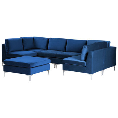 6 Seater U-Shaped Modular Velvet Sofa with Ottoman Blue EVJA