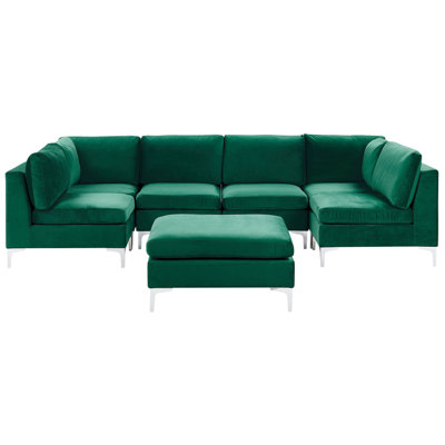 6 Seater U-Shaped Modular Velvet Sofa with Ottoman Green EVJA