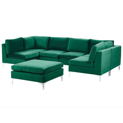 6 Seater U-Shaped Modular Velvet Sofa with Ottoman Green EVJA