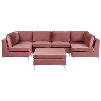 6 Seater U-Shaped Modular Velvet Sofa with Ottoman Pink EVJA