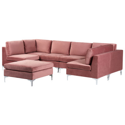 6 Seater U-Shaped Modular Velvet Sofa with Ottoman Pink EVJA