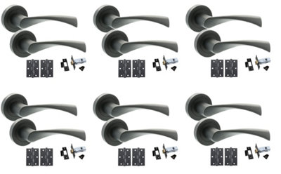 6 Set Astrid Design Door Handle On Round Rose Latch Door Handles Internal Pack 2.5" Latch & 1 Pair of 3" Ball Bearing Hinges - GG