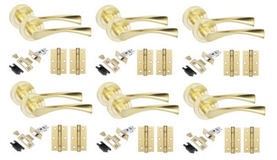 6 Set Astrid Design Door Handles Set Ball Bearing Hinges and Latches Satin Brass Finish