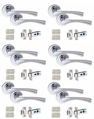 6 Set Astrid Door Handles Set Ball Bearing Hinges and Latches Polished Chrome Finish