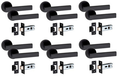 6 Set Delta Design Door Handle On Round Rose Latch Internal Door Handles with 2.5" Tubular Latch Matt Black Finish - GG