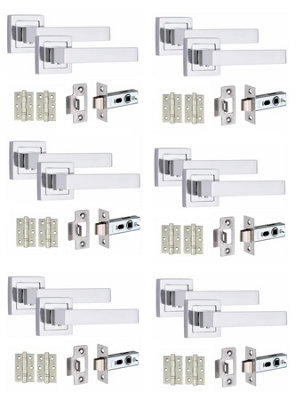 6 Set Delta Design Door HandlesInternal Sets With Latch and BB HInges Square Rose Polished Chrome Finish