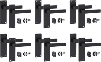 6 Set Door Handles Packs Internal Set Victorian Straight Delta Design Matt Black Finish 150mm Backplate with Latches and Hinges