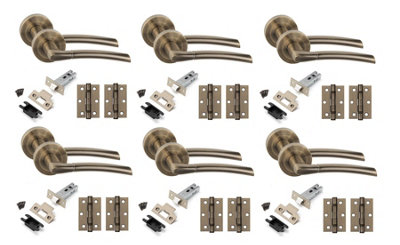 6 Set Indiana Design Door Handles Set Ball Bearing Hinges and Latches Antique Brass Finish