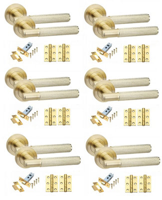 6 Set Knurled T-Bar Door Handles with Latch and Hinges Satin Brass Finish