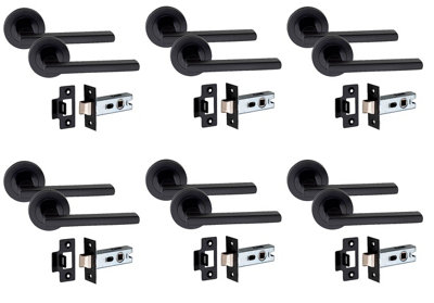 6 Set Leon Design Door Handle On Round Rose Latch Door Handles with 2.5" Tubular Latch Matt Black Finish - GG