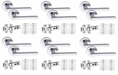 6 Set Leon Door Handles Set Ball Bearing Hinges and Latches Polished Chrome Finish