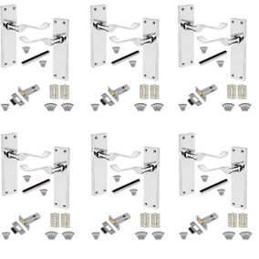 6 Set of Victorian Scroll Latch Door Handles Polished Chrome with Ball Bearing Hinges & Latches Pack Sets 150 x 40mm