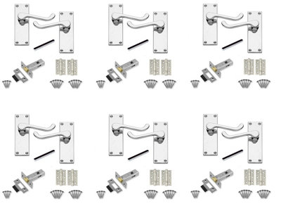 6 Set of Victorian Scroll Latch Door Handles Polished Chrome with Pair of 3" Ball Bearing Hinges & Latches Pack Sets 120 x 40mm
