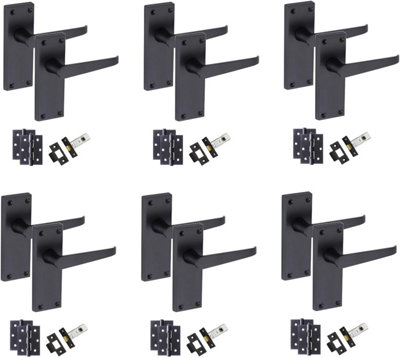 6 Set of Victorian Straight Handle Latch Door Handles Matt Black Pair of 3" Ball Bearing Hinges & Latches Pack  120 x 40mm - GG