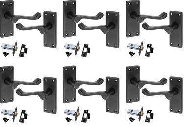 6 Set Premium Victorian Scroll Latch Door Handles Matt Black Finish with Black Latch Pack Sets 120mm x 40mm - GG