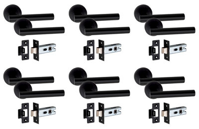 6 Set Straight T-Bar Design Door Handle On Round Rose Latch Door Handles with 2.5" Tubular Latch Matt Black Finish - GG